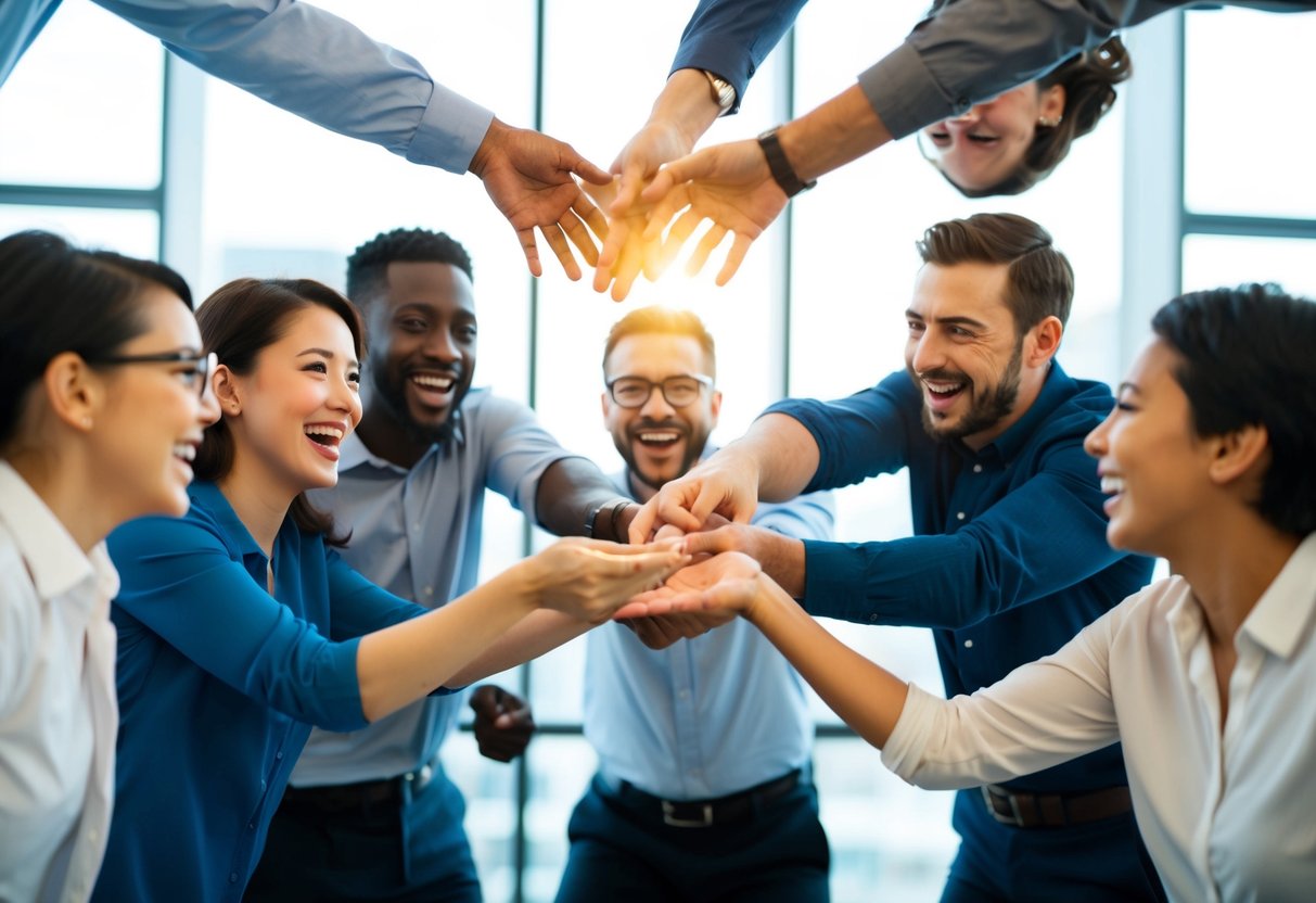 A group of people excitedly passing on a glowing referral to each other in a circle, with smiles and animated gestures