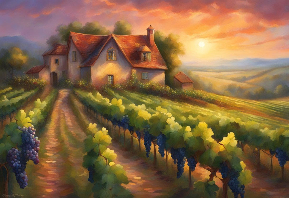 A vineyard at sunset, ripe grapes being harvested by hand, a rustic farmhouse in the background