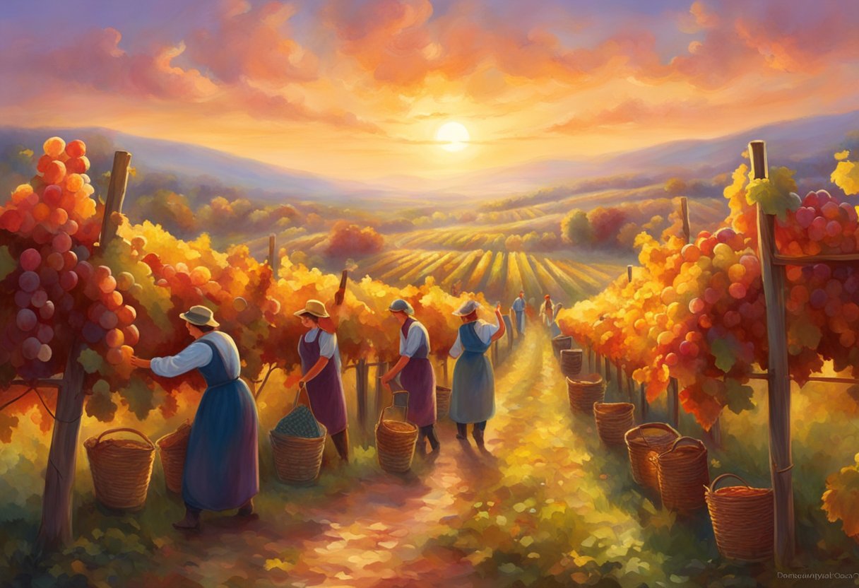 The grape harvest process: workers picking ripe grapes in a vineyard, baskets filled with fruit, and the autumn sun casting a warm glow over the scene