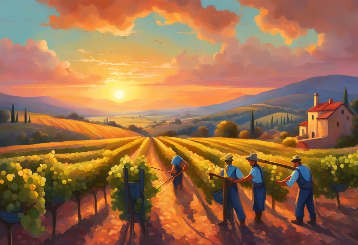 A vineyard at sunset, with workers harvesting grapes. Baskets filled with ripe fruit, and the warm glow of the setting sun casting long shadows