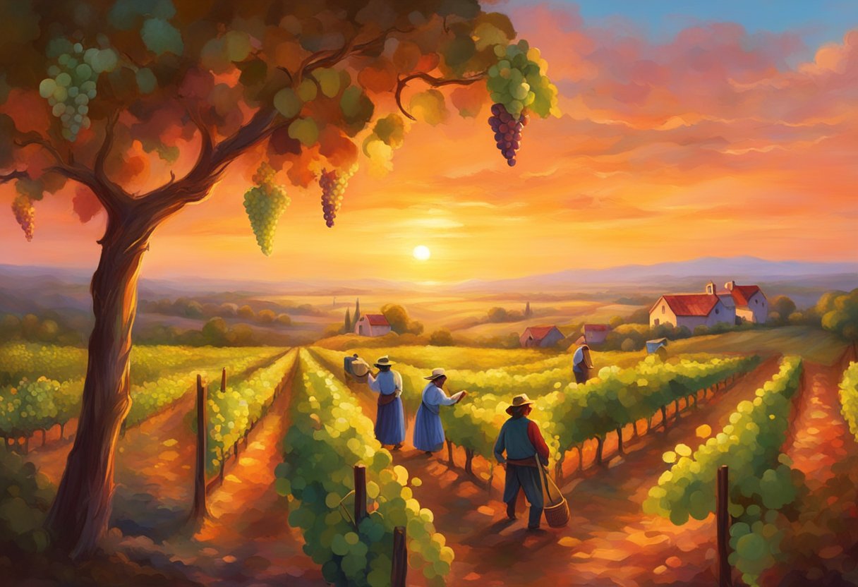 A vineyard at sunset, with workers harvesting grapes. Baskets filled with ripe fruit, and the warm glow of the setting sun