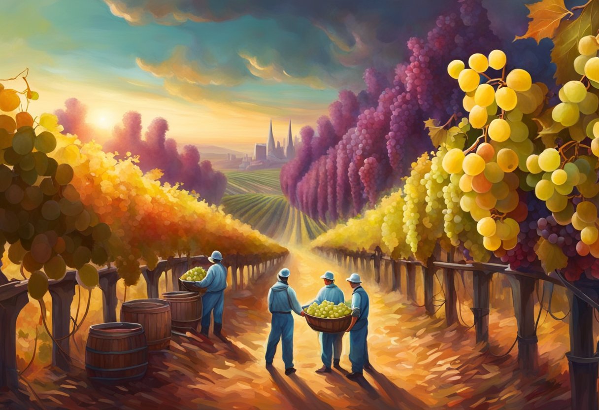 A modern vineyard scene with ripe grapes being harvested by workers, set against a backdrop of contemporary winemaking equipment and technology