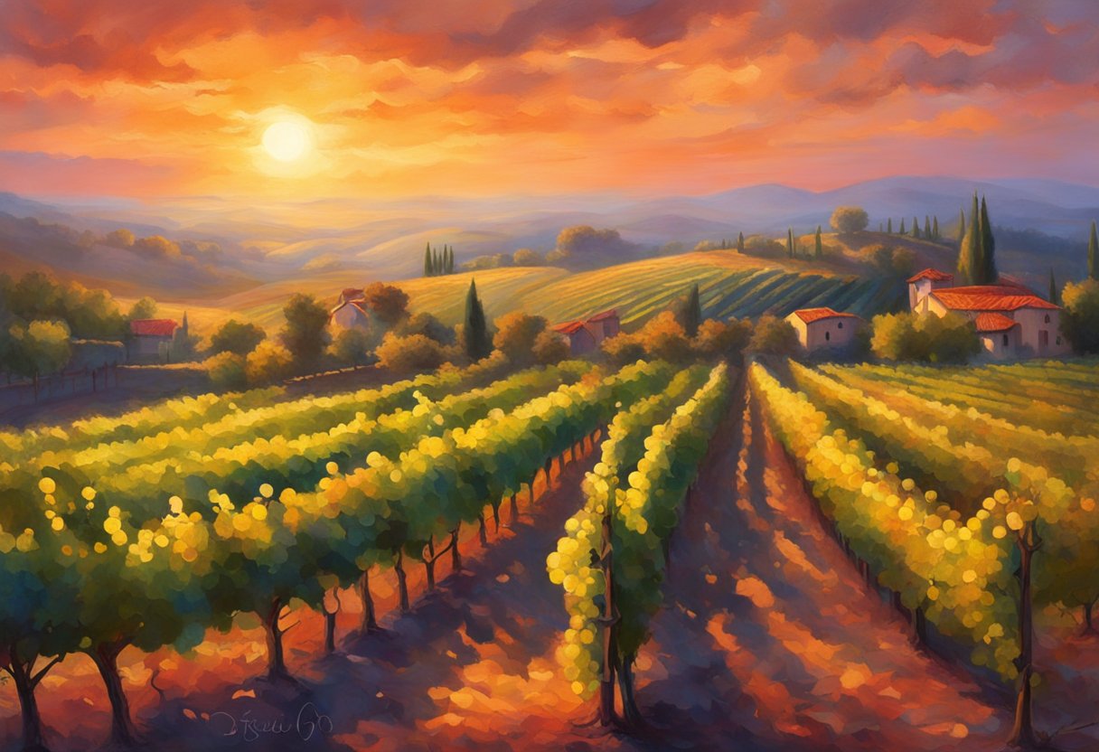 A vineyard at sunset, with ripe grapes being harvested by workers. The warm glow of the sun casts long shadows across the rows of vines