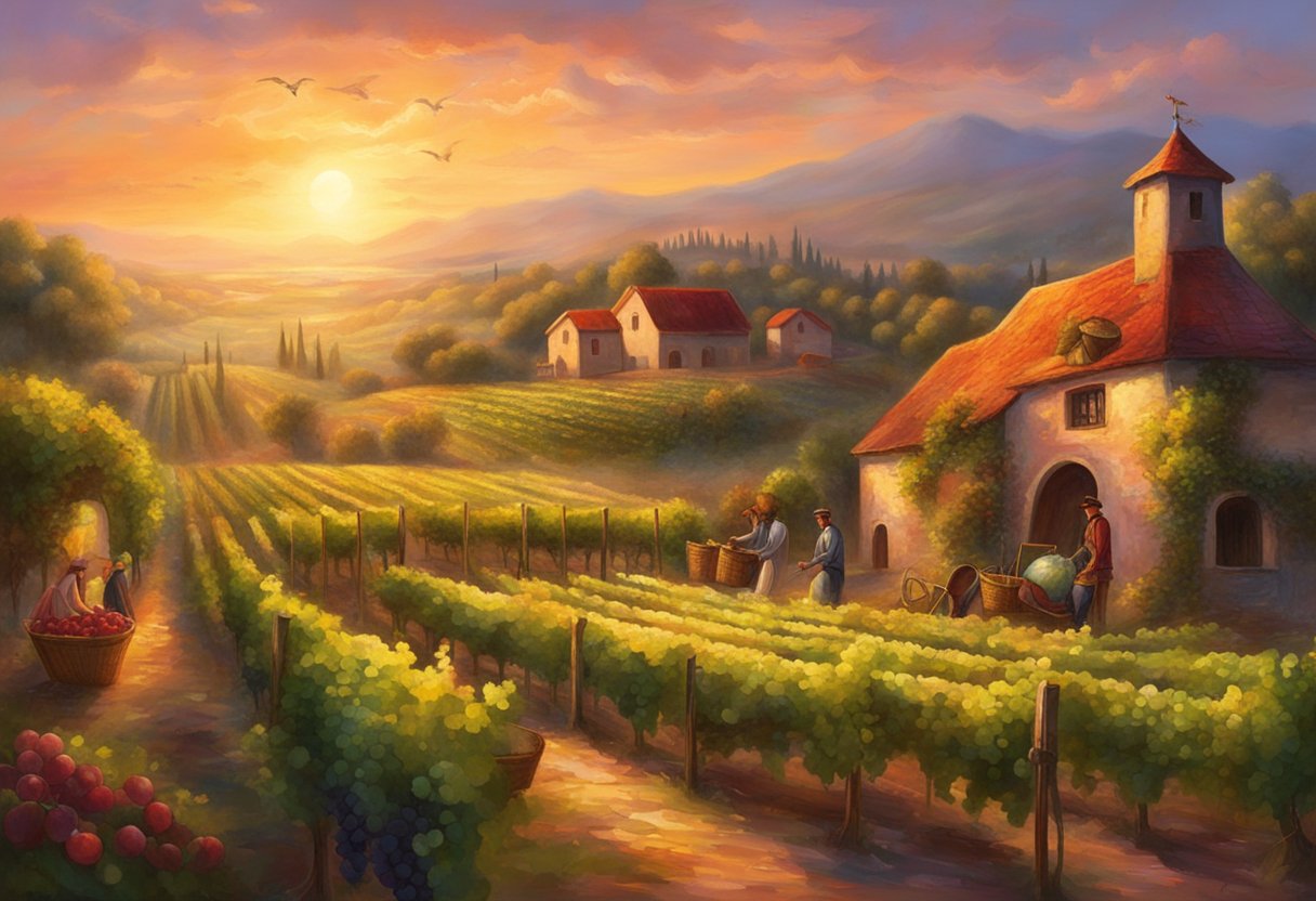 A vineyard at sunset, with workers harvesting grapes. Baskets filled with fruit, a rustic farmhouse in the background