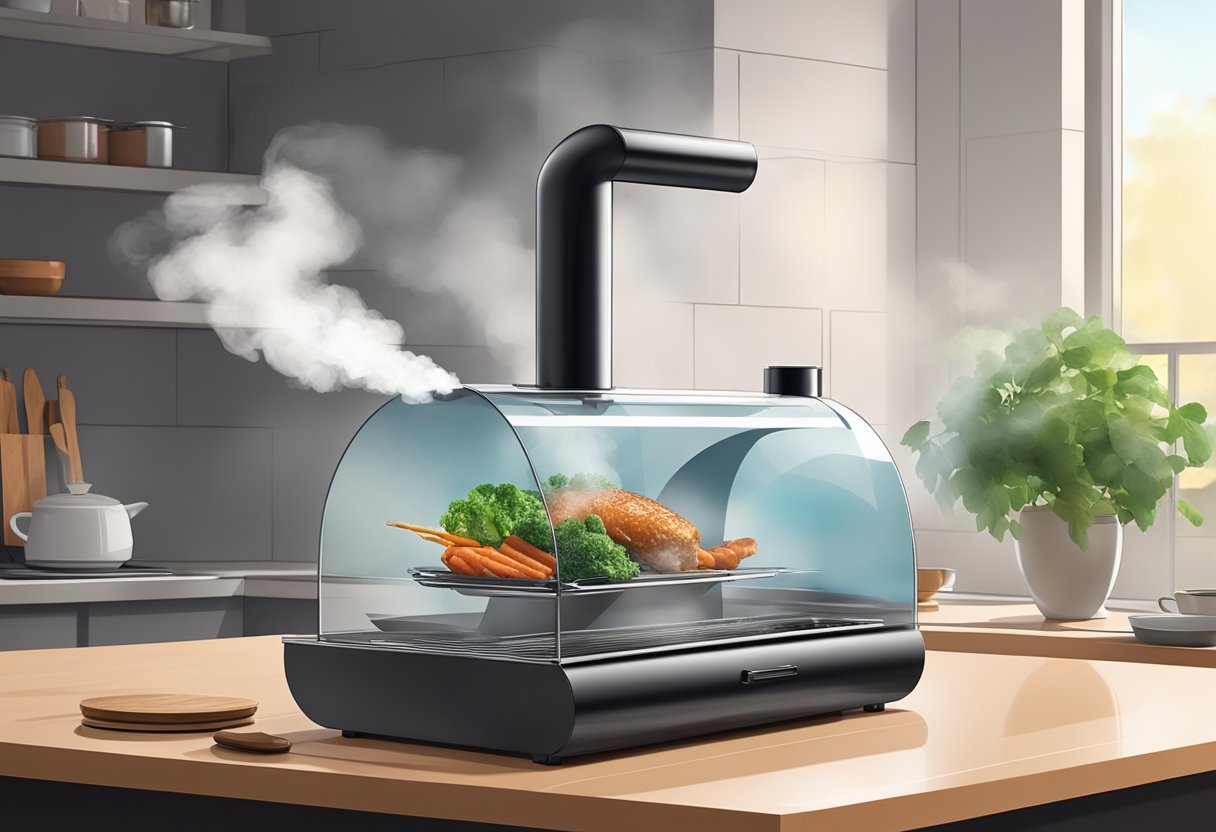 A sleek, modern indoor smoker sits on a countertop, emitting wisps of fragrant smoke as it cooks food to perfection