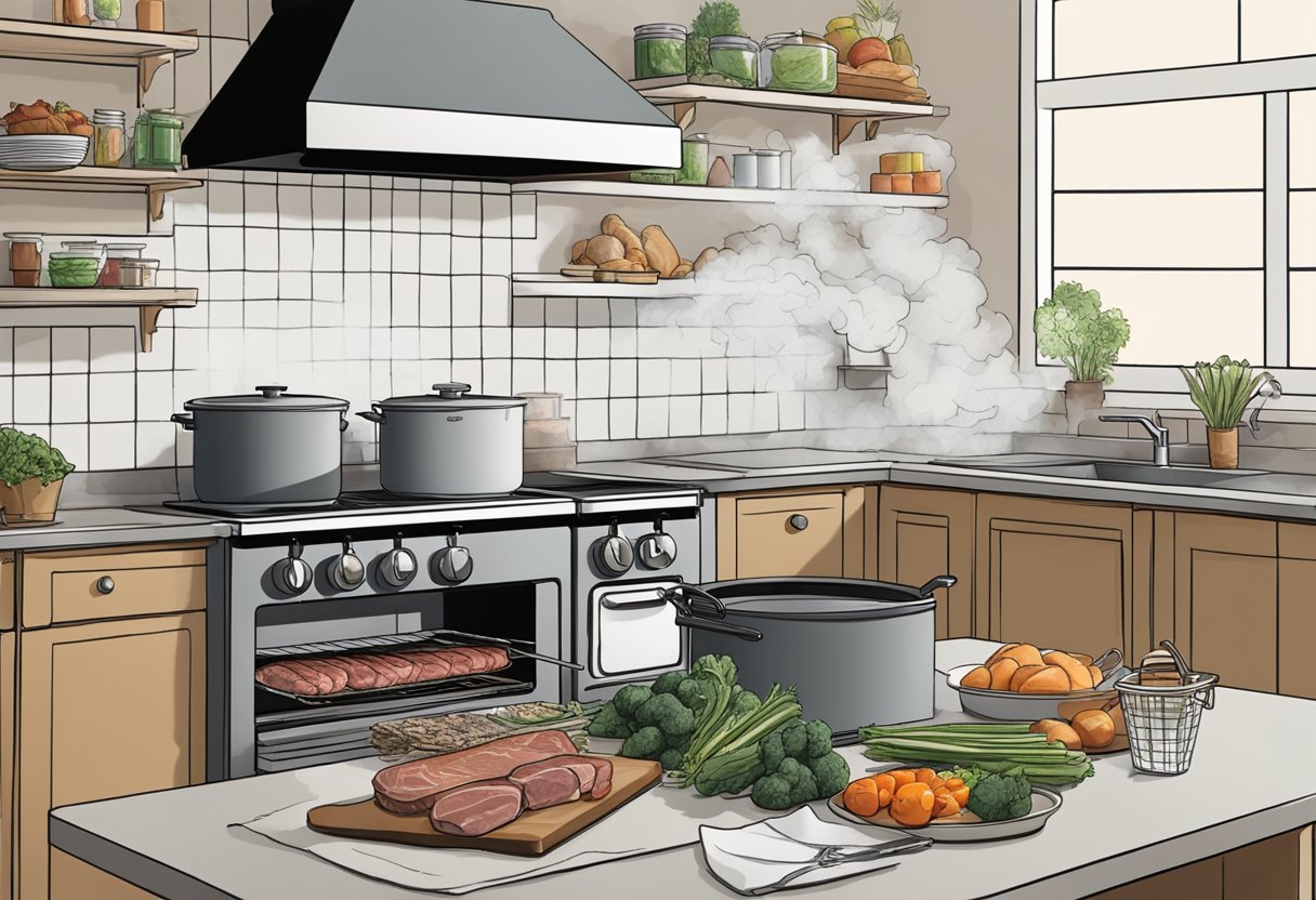 An indoor smoker sits on a kitchen counter, emitting a thin stream of smoke. A variety of meats and vegetables are arranged nearby, ready to be smoked