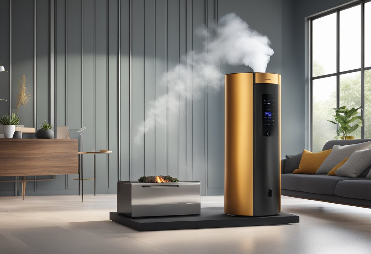 A sleek, modern indoor smoker seamlessly connects with a smart home system, emitting aromatic smoke while being controlled remotely