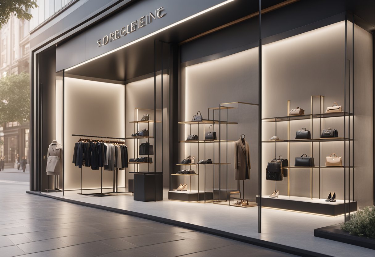 A sleek and modern storefront with a clean and organized display of high-end designer items, including handbags, shoes, and accessories. A professional and knowledgeable staff member assists a customer with a smile