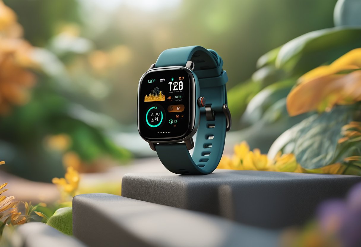 A close-up of the Amazfit GTS 4 Mini smartwatch, displaying its sleek design and vibrant display, with a focus on its core features such as heart rate monitoring and fitness tracking