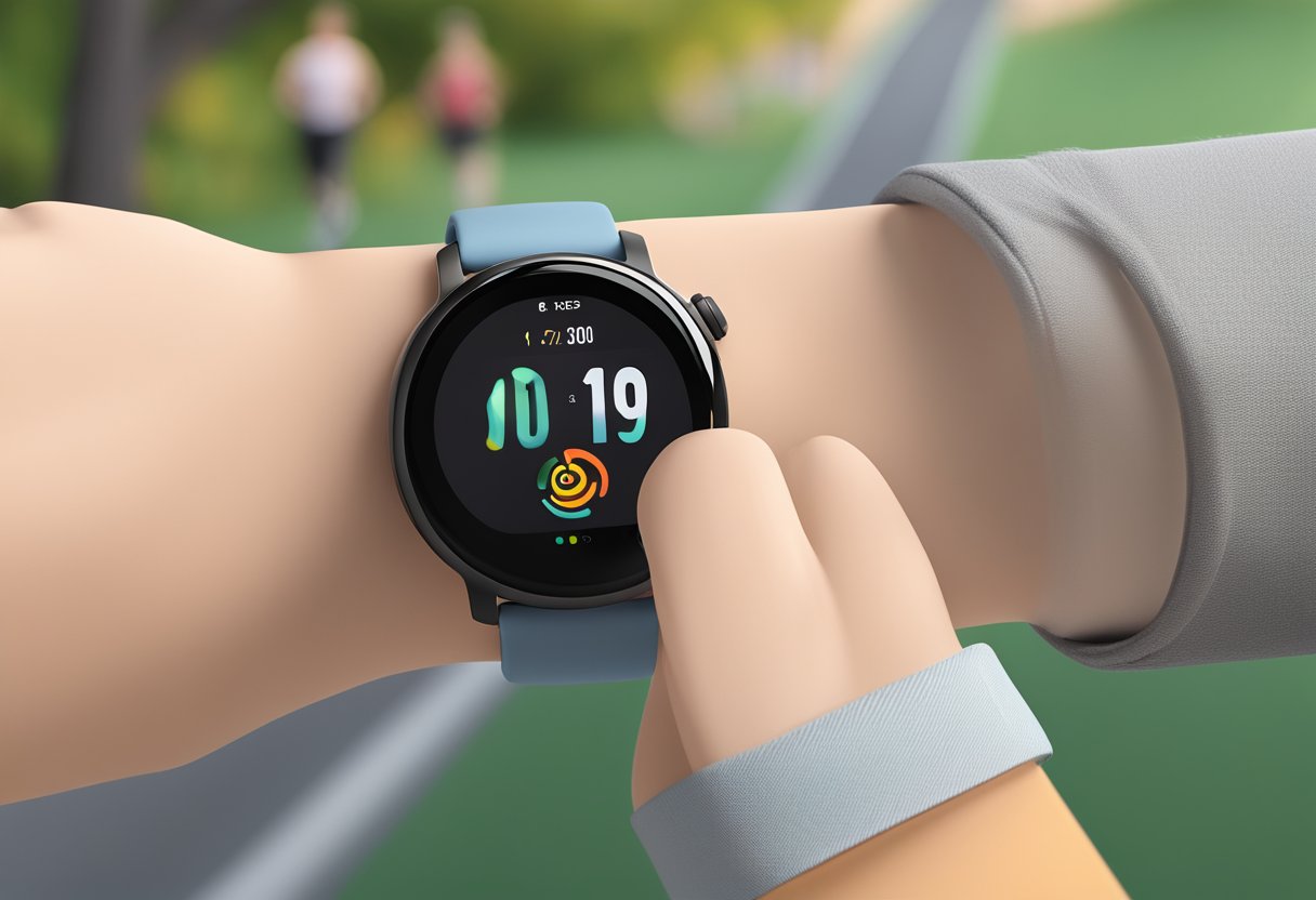 A sleek amazfit gts 4 mini fitness tracker on a wrist, with a running path and sports equipment in the background