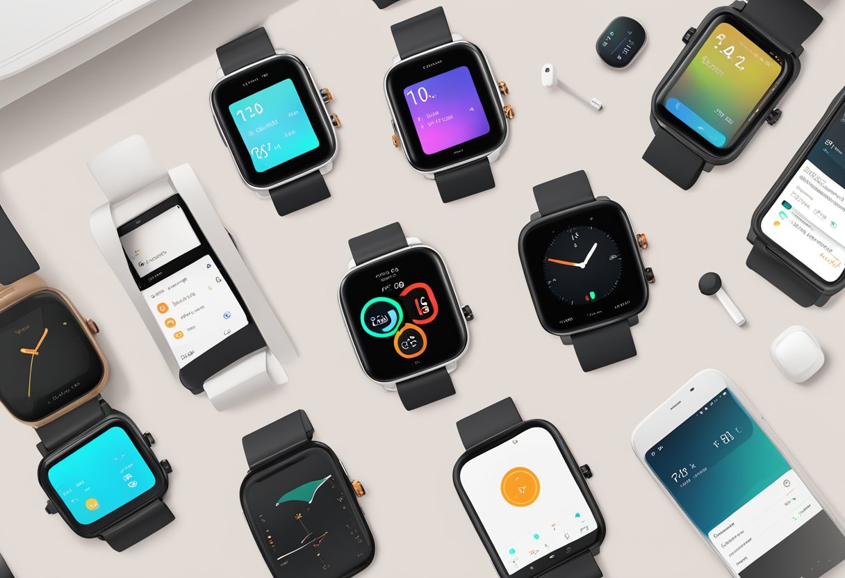 A sleek smartwatch surrounded by various compatible devices and apps, showcasing seamless connectivity and integration within the amazfit gts 4 mini ecosystem