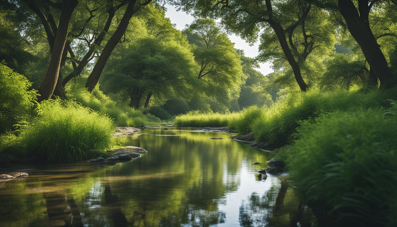 A serene, peaceful setting with a clear blue sky, lush greenery, and a gentle stream flowing through the landscape, evoking a sense of relaxation and tranquility