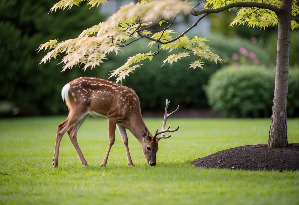 A deer nibbles on the delicate leaves of a Japanese maple tree in a serene garden setting