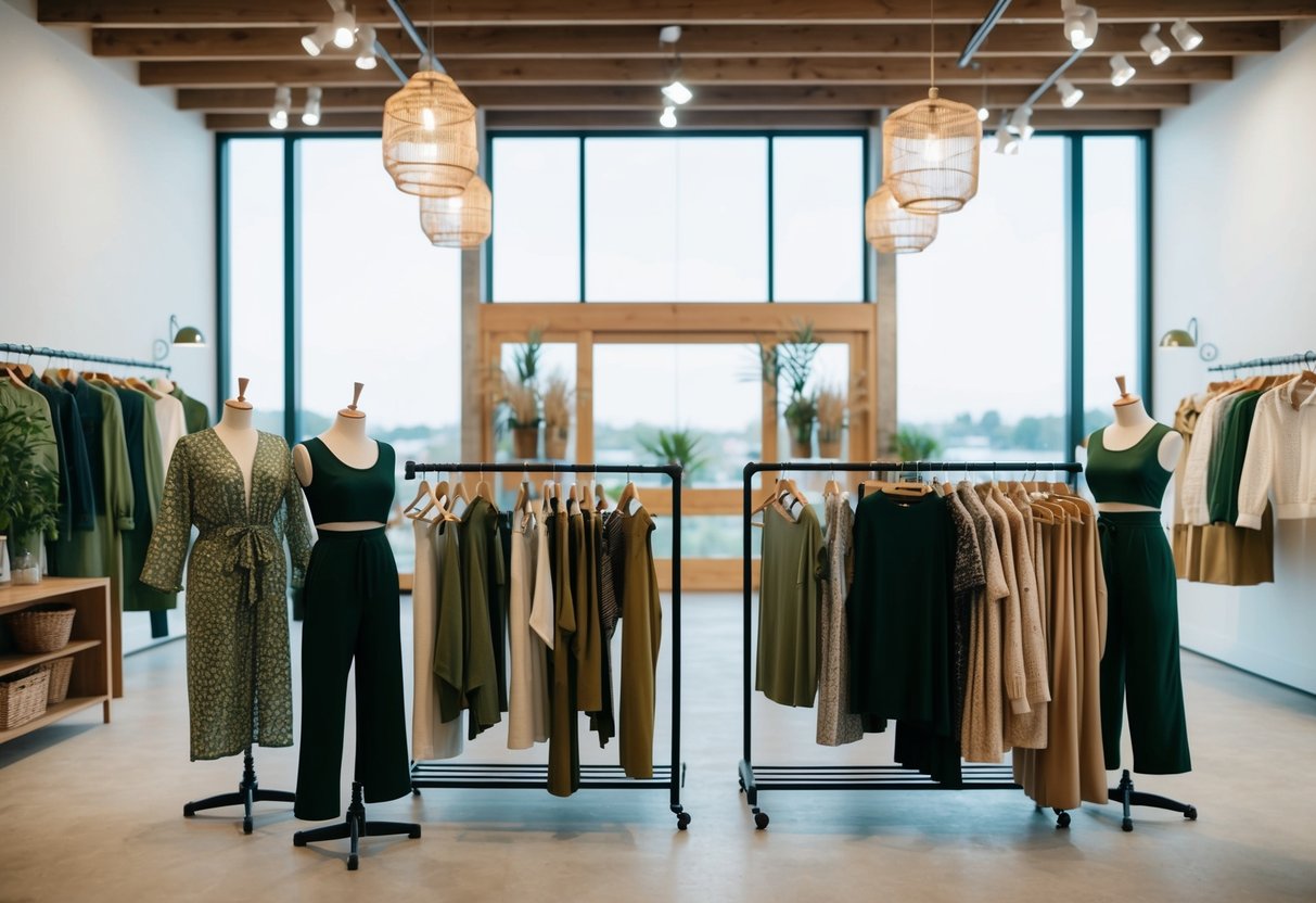 Ein nachhaltiges Bekleidungsgeschäft mit umweltfreundlichen Materialien und natürlichen Farbstoffen. Schaufensterpuppen zeigen stilvolle, umweltfreundliche Outfits