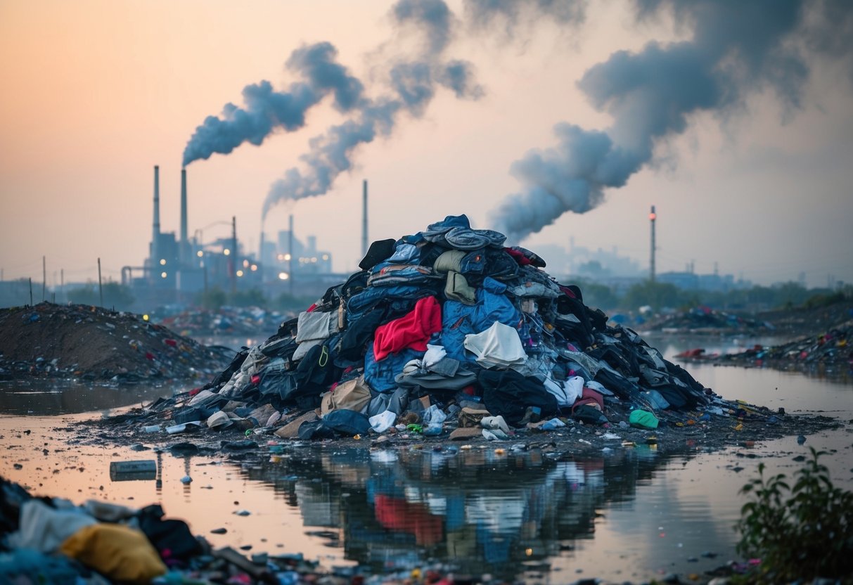 Ein Haufen ausrangierter Kleidung liegt auf einer Mülldeponie, umgeben von verschmutztem Wasser und smoggefüllter Luft. In der Nähe gibt eine Fabrik giftige Dämpfe in die Atmosphäre ab