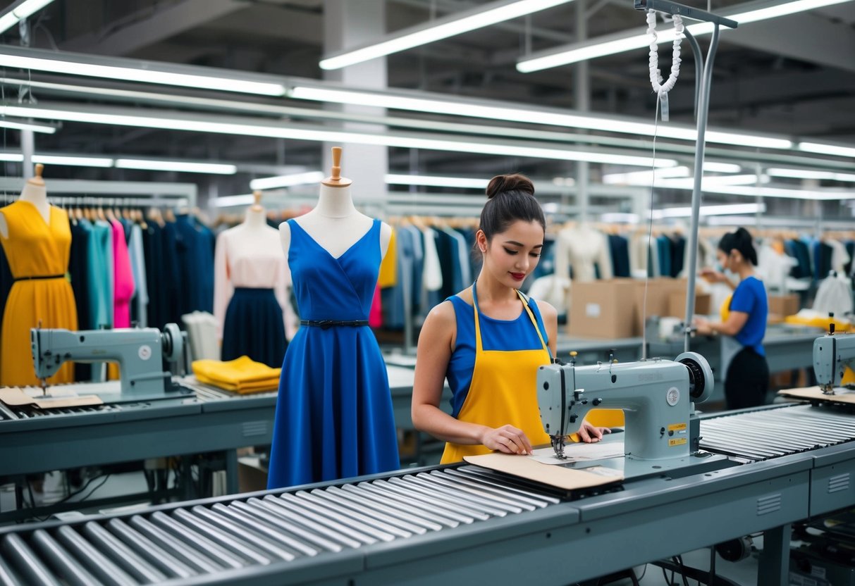 Eine geschäftige Modefabrik mit Förderbändern und Nähmaschinen. Schaufensterpuppen zeigen trendige Kleidung, während Arbeiter fertige Produkte verpacken