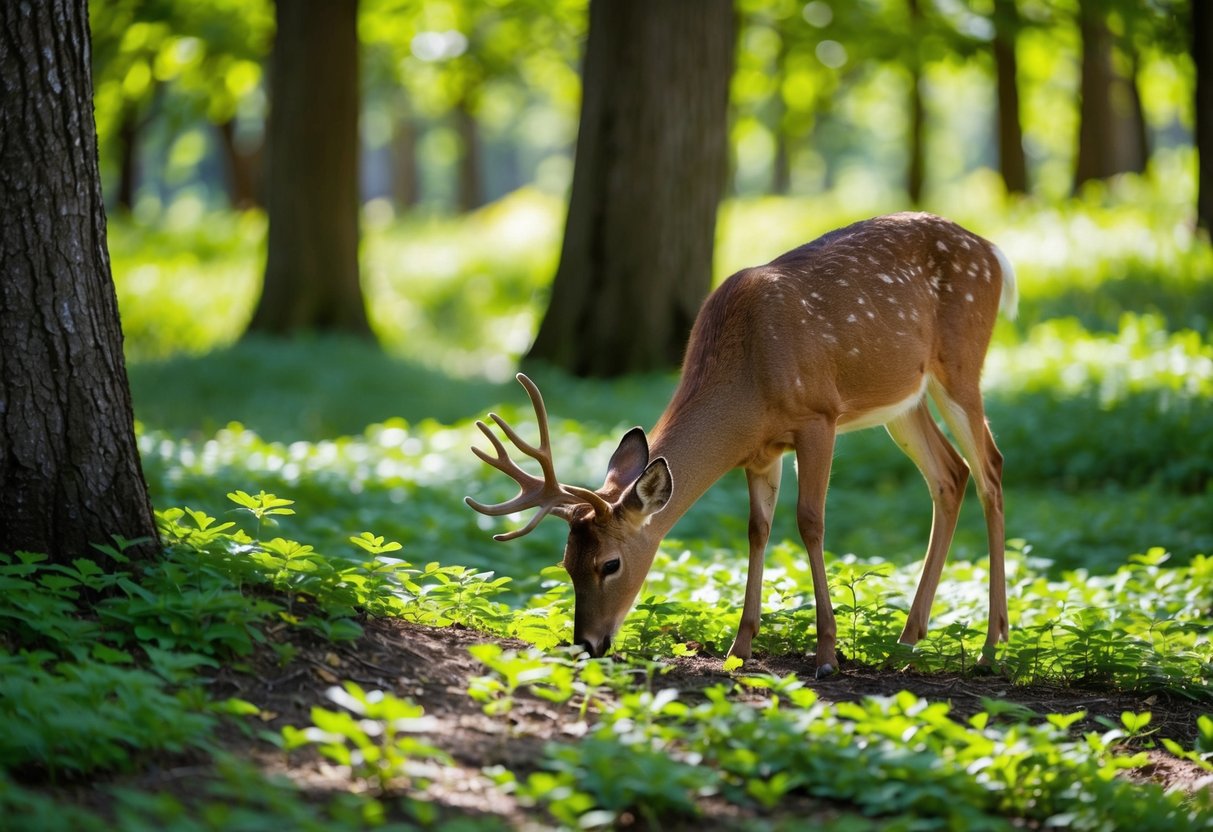 A deer nibbles on ajuga bugleweed in a lush forest clearing. Sunlight filters through the trees, casting dappled shadows on the ground