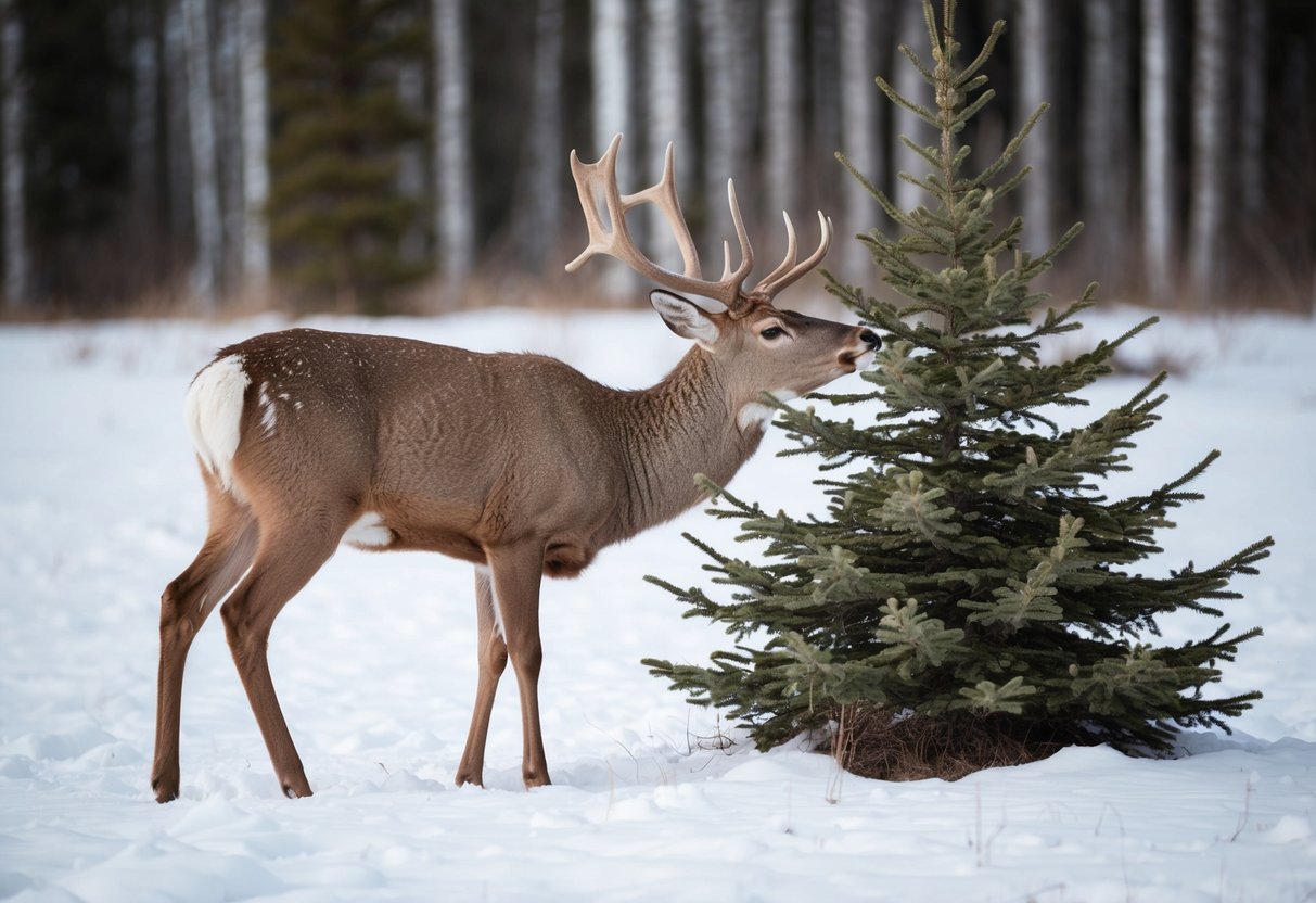 A deer nibbles on an Alberta spruce tree in a snowy forest clearing