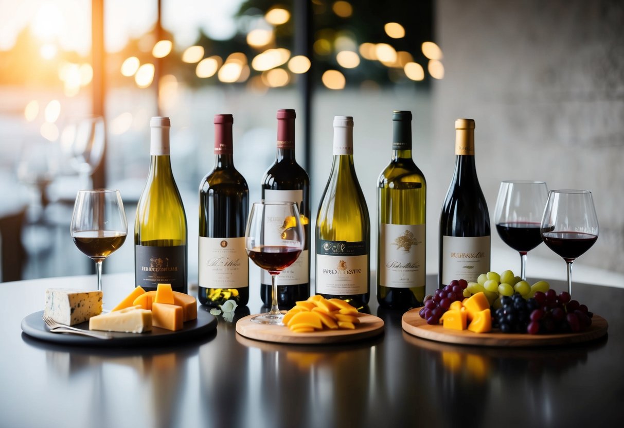 A table with an array of wine bottles, glasses, and a variety of fruits and cheeses to pair with