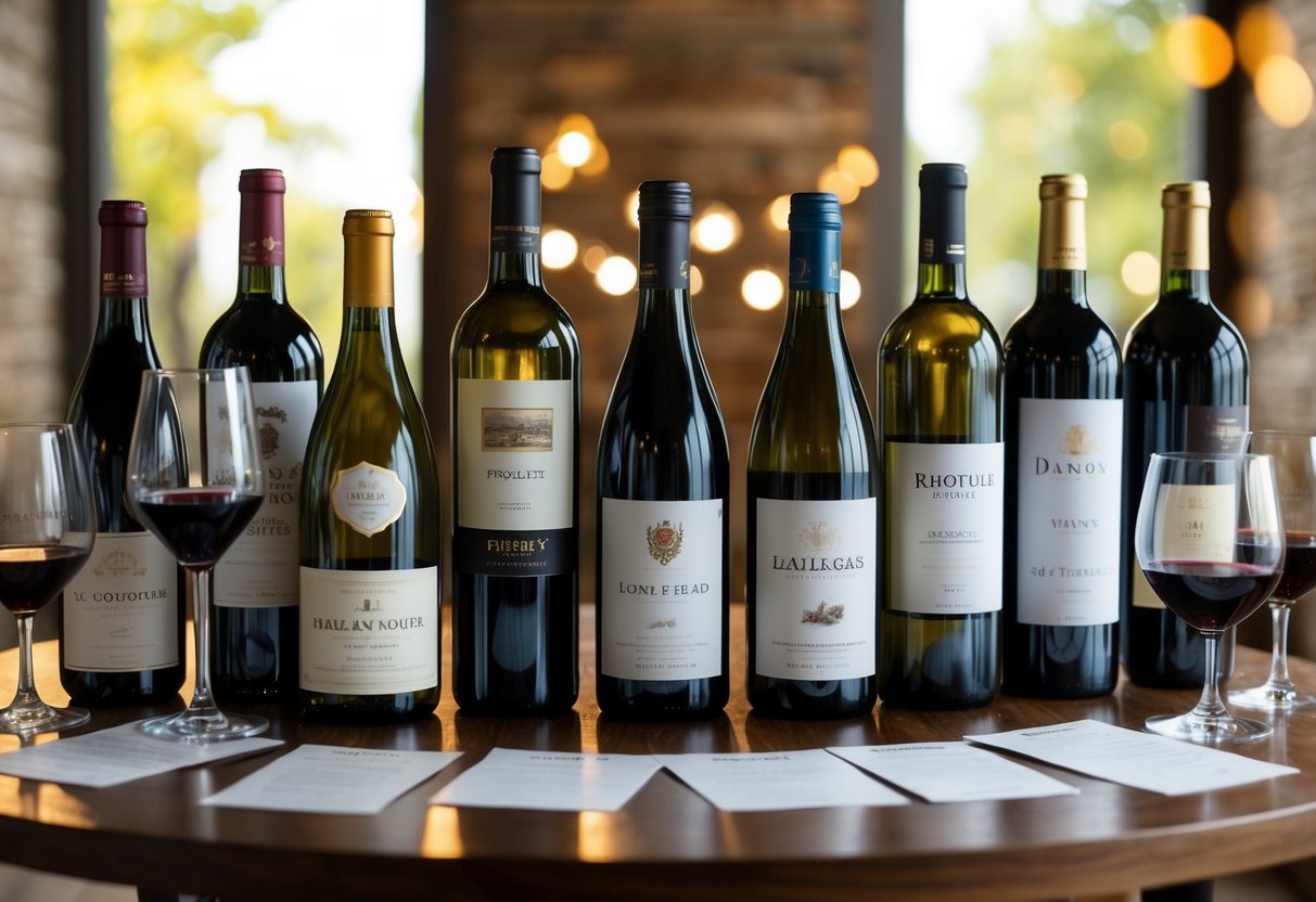 A variety of wine bottles displayed on a wooden table, each with different characteristics and labels, surrounded by wine glasses and tasting notes