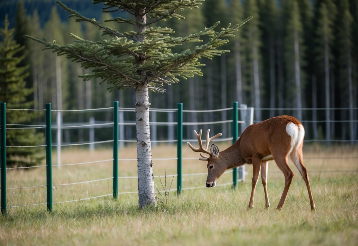 A deer approaches an Alberta spruce tree, but is deterred by a fence surrounding the tree. The deer looks around for other food options