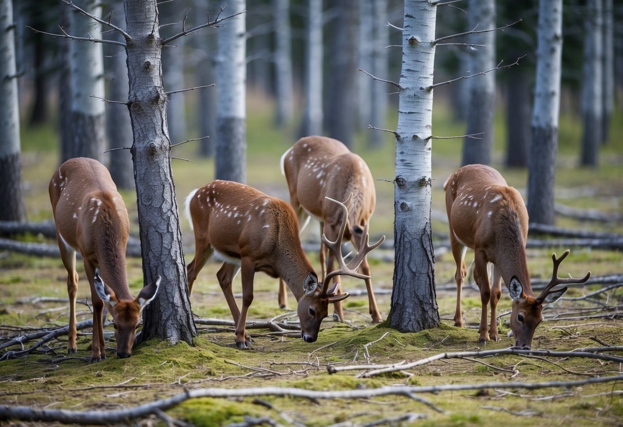 A group of deer nibble on the branches of Alberta spruce trees, leaving behind bare patches and scattered needles on the forest floor