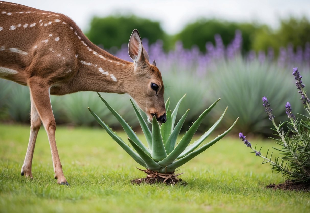 A deer sniffs at an aloe plant but recoils from its bitter taste. Surrounding the plant are natural deer repellents like rosemary and lavender