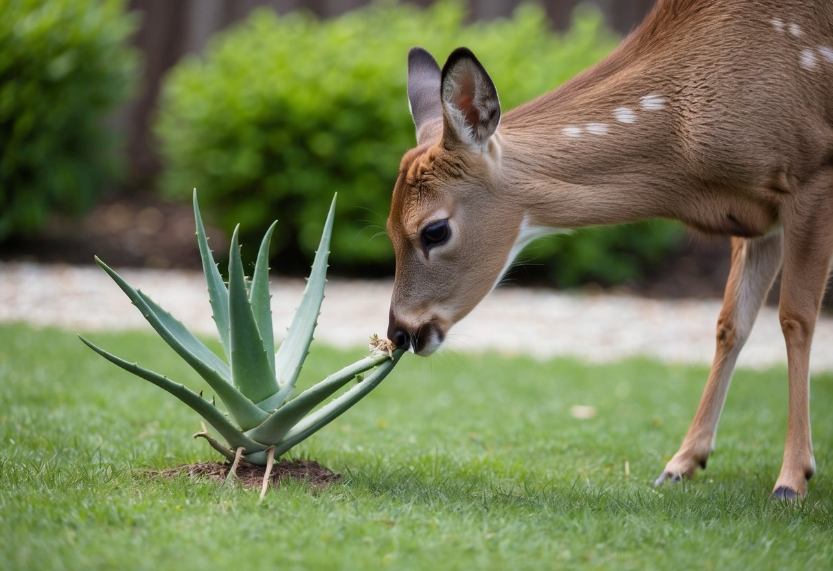 A deer nibbles on a small aloe plant in a garden. The plant's leaves show signs of being eaten, with bite marks and missing sections