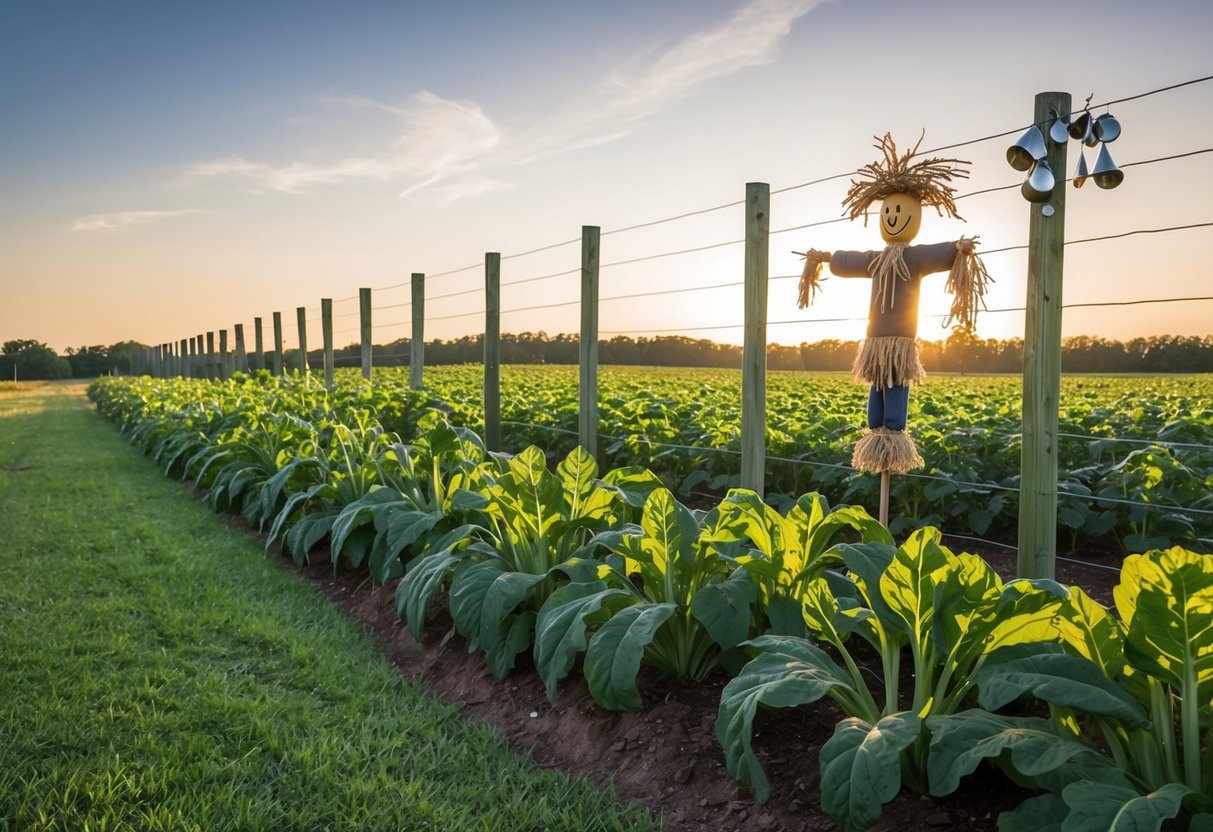 A tall fence surrounds a thriving amaranth patch. A scarecrow and shiny objects hang nearby to deter deer