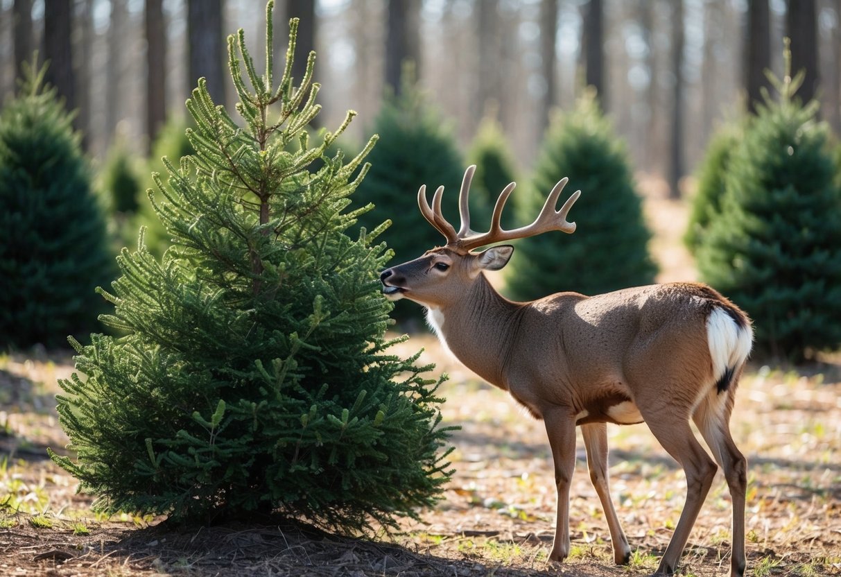 A deer nibbles on the tender leaves of an arborvitae tree, standing amidst a forest clearing with dappled sunlight filtering through the branches