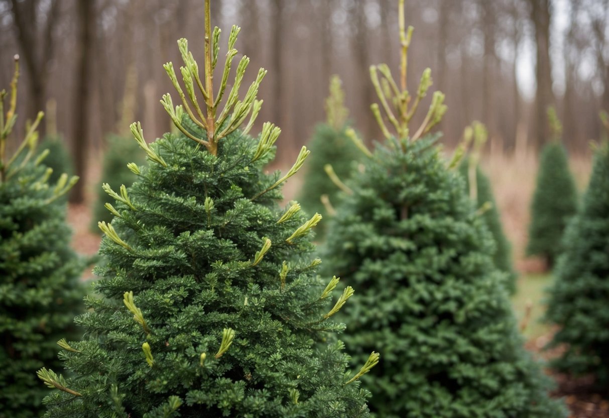 Arborvitae trees regrow after deer feeding. New shoots emerge from the trimmed branches, showing resilience in nature