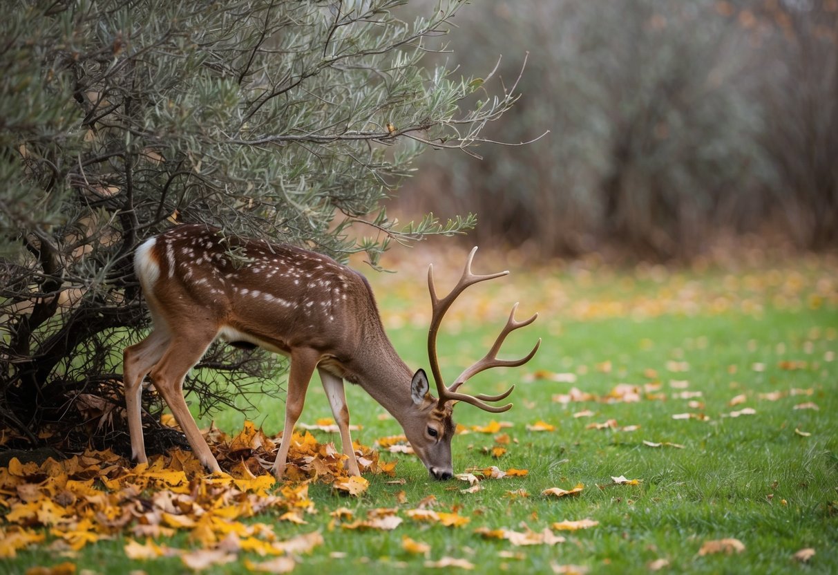 Autumn olive bush nibbled by deer, with bare branches and scattered leaves on the ground