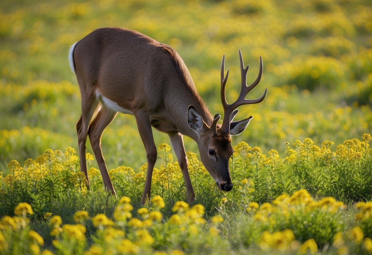 A deer munches on a patch of birdsfoot trefoil in a sunlit meadow