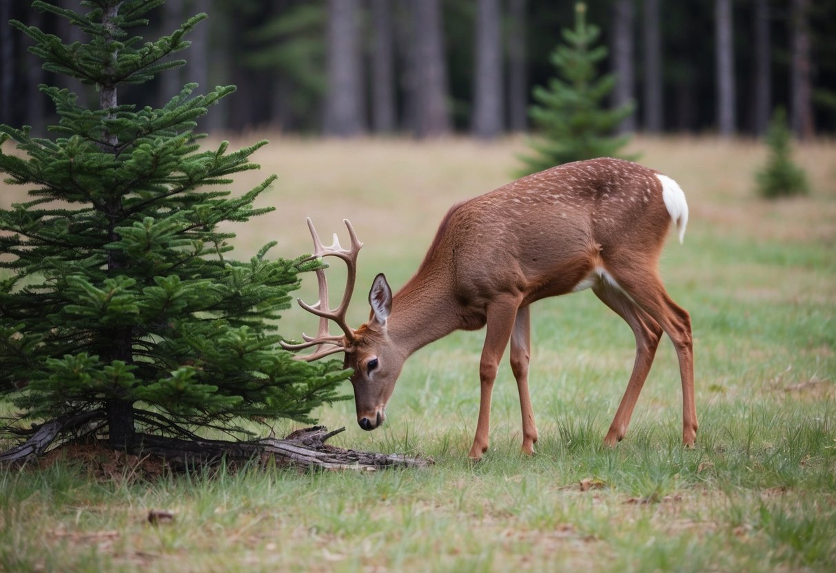 A deer nibbles on the tender needles of a Black Hills spruce tree in a peaceful forest clearing