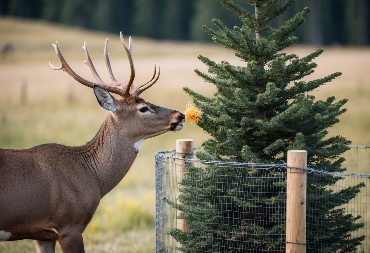 A deer sniffs at a Black Hills Spruce but recoils from a bitter taste. The tree is surrounded by a barrier of mesh fencing and natural deterrents like garlic and cayenne pepper