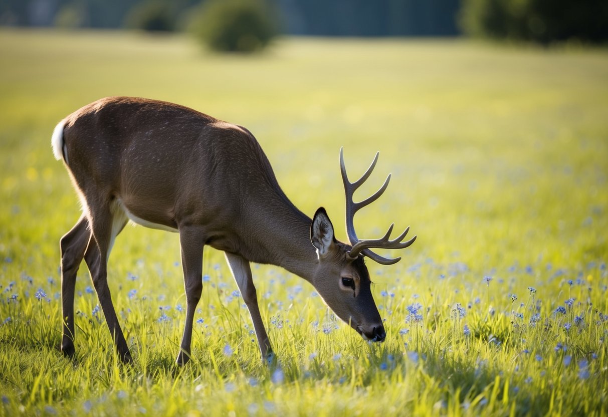 A deer grazes on blue-eyed grass in a sunlit meadow