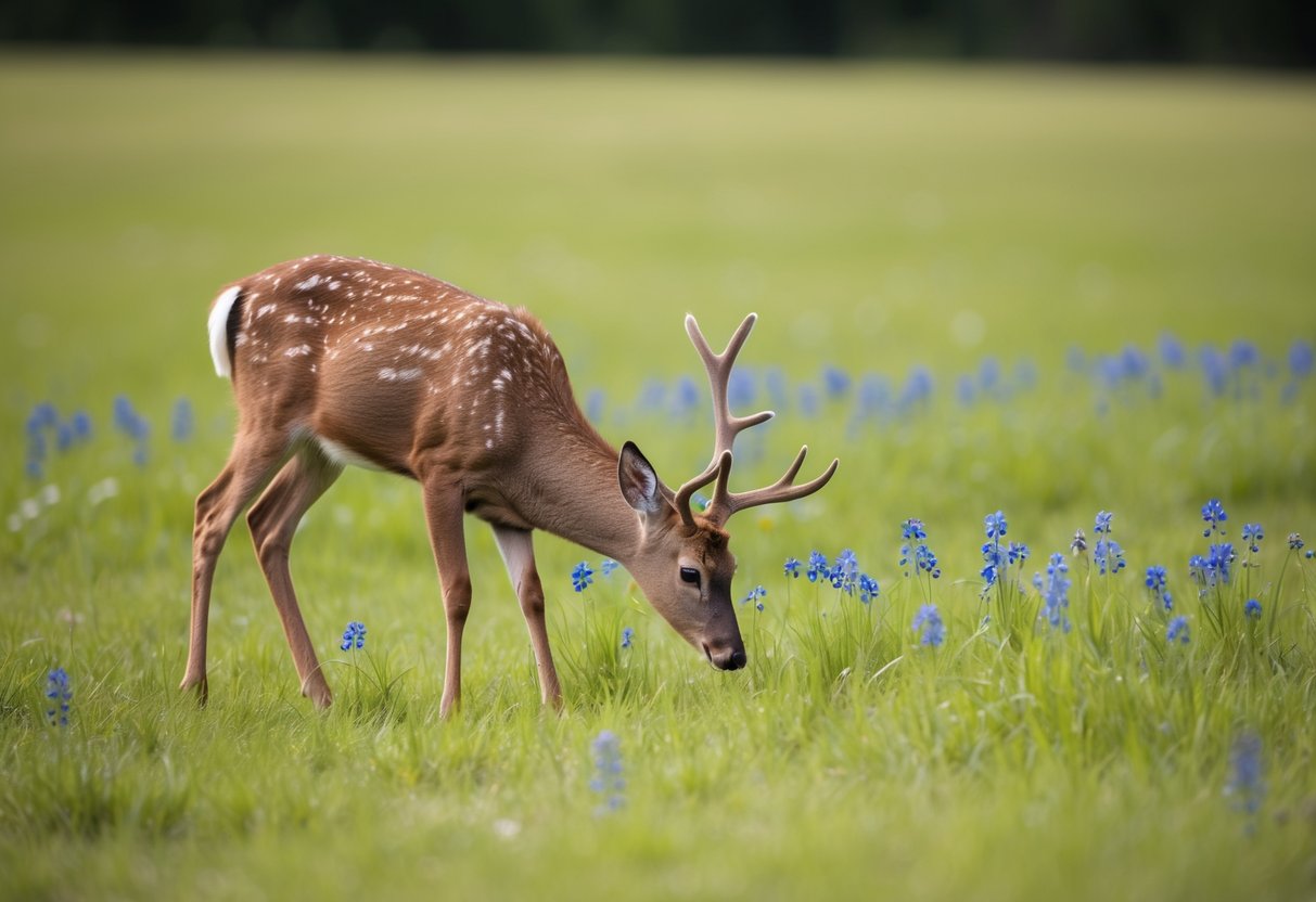 A deer nibbles on blue-eyed grass in a lush meadow