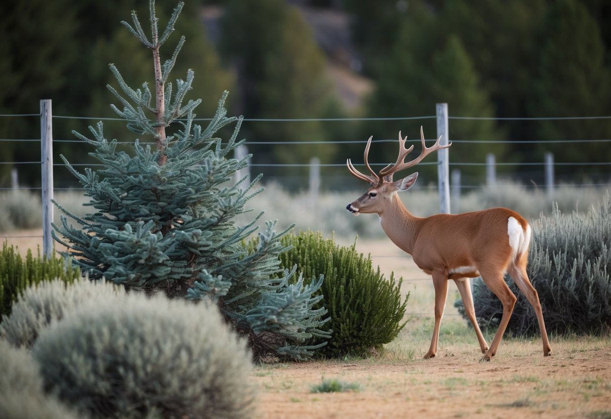 A deer approaches a blue point juniper but is deterred by a barrier of tall fencing and prickly shrubs surrounding the plant