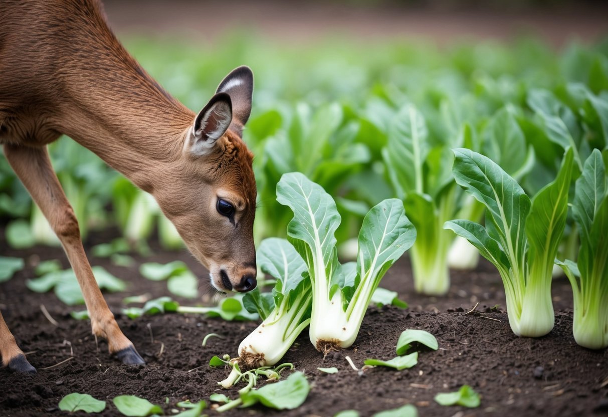 A deer nibbles on a patch of bok choy, leaving behind a few chewed stems and scattered leaves on the ground