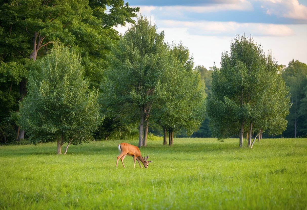 A serene forest clearing with a group of buckeye trees surrounded by lush greenery, while a deer grazes nearby, ignoring the buckeyes