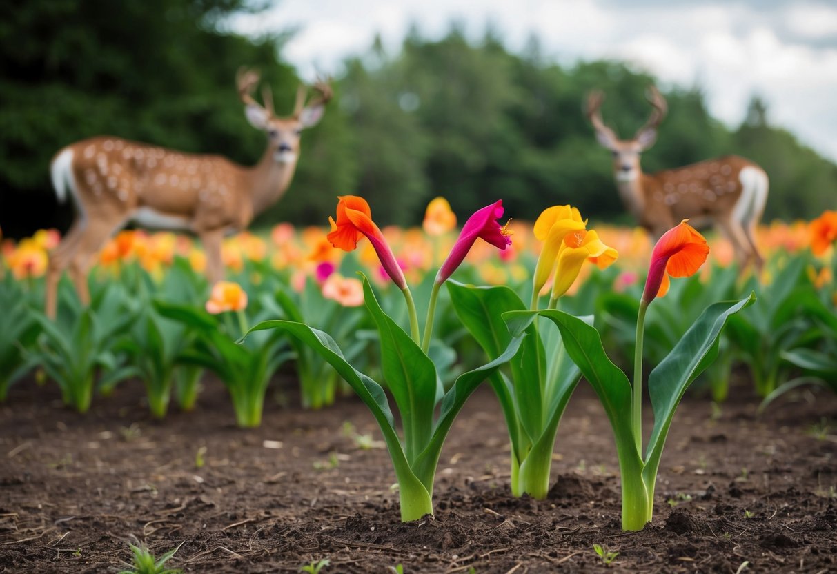 Cannas regrowing after deer feeding, with deer in the background