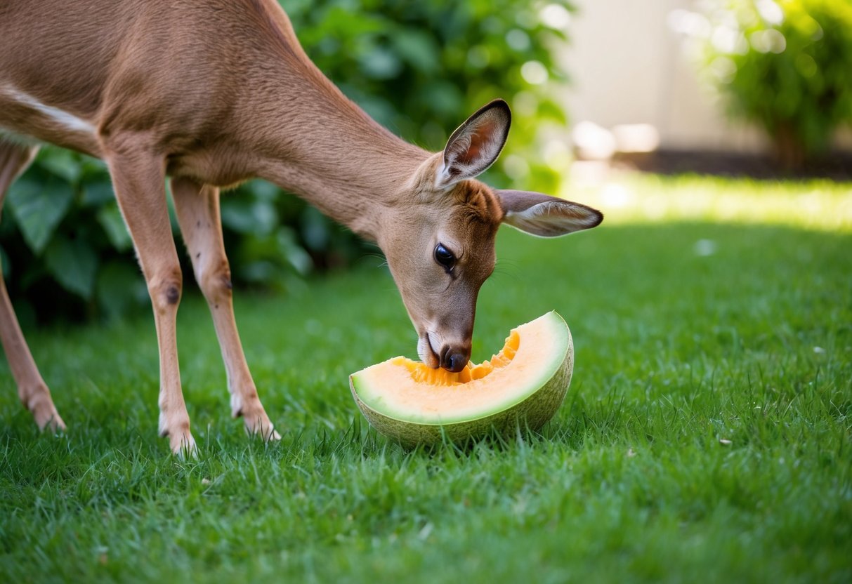 A deer nibbles on a ripe cantaloupe in a lush garden, leaving behind a partially eaten fruit