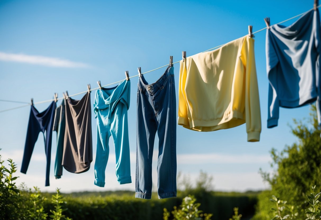 Eine Wäscheleine mit verschiedenen Kleidungsstücken, die zum Trocknen im Freien hängen, umgeben von viel Grün und unter einem klaren blauen Himmel