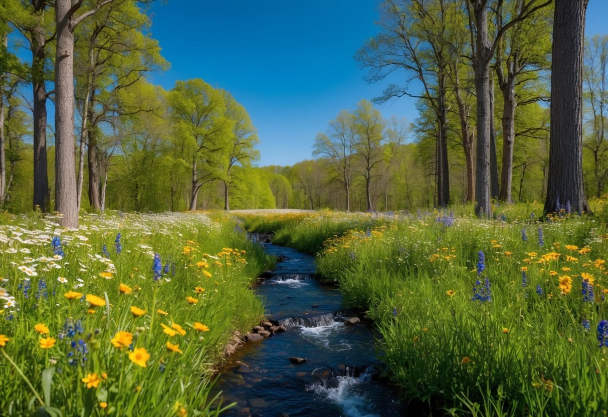 Eine ruhige Wiese mit blühenden Wildblumen und einem fließenden Bach, umgeben von hohen Bäumen und einem klaren blauen Himmel