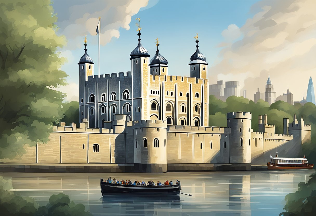 The Tower of London rises majestically against the London skyline, its ancient stone walls and turrets shrouded in mystery. The hidden features, such as secret passageways and concealed chambers, add to its enigmatic allure