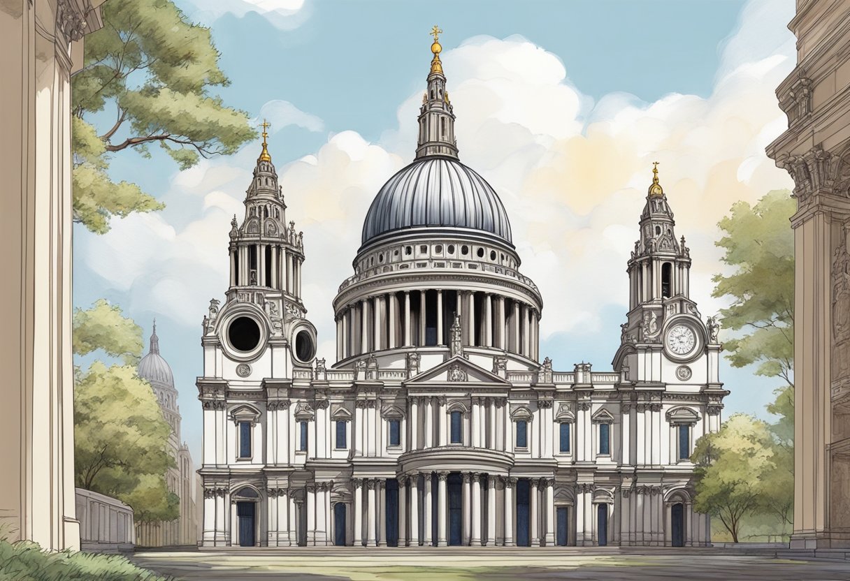 St. Paul's Cathedral rises majestically, its iconic dome towering above the city skyline. Intricate stone carvings and elegant arches adorn the exterior, while the grand interior boasts soaring columns and intricate stained glass windows