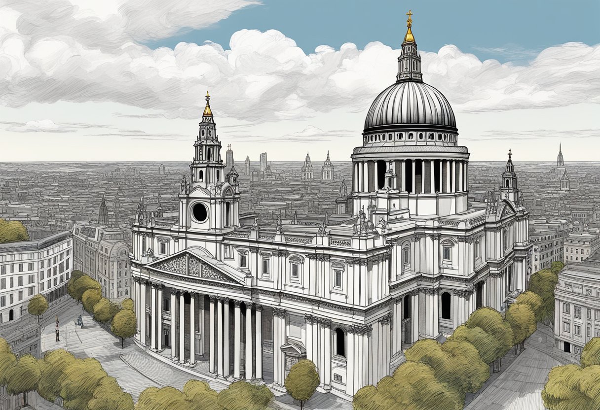 The grand dome of St. Paul's Cathedral rises above the London skyline, its intricate Baroque architecture standing as a symbol of historical significance and architectural marvel