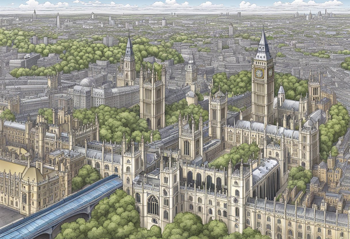 A panoramic view of London's skyline featuring the Tower of London, Buckingham Palace, Westminster Abbey, and other historic landmarks