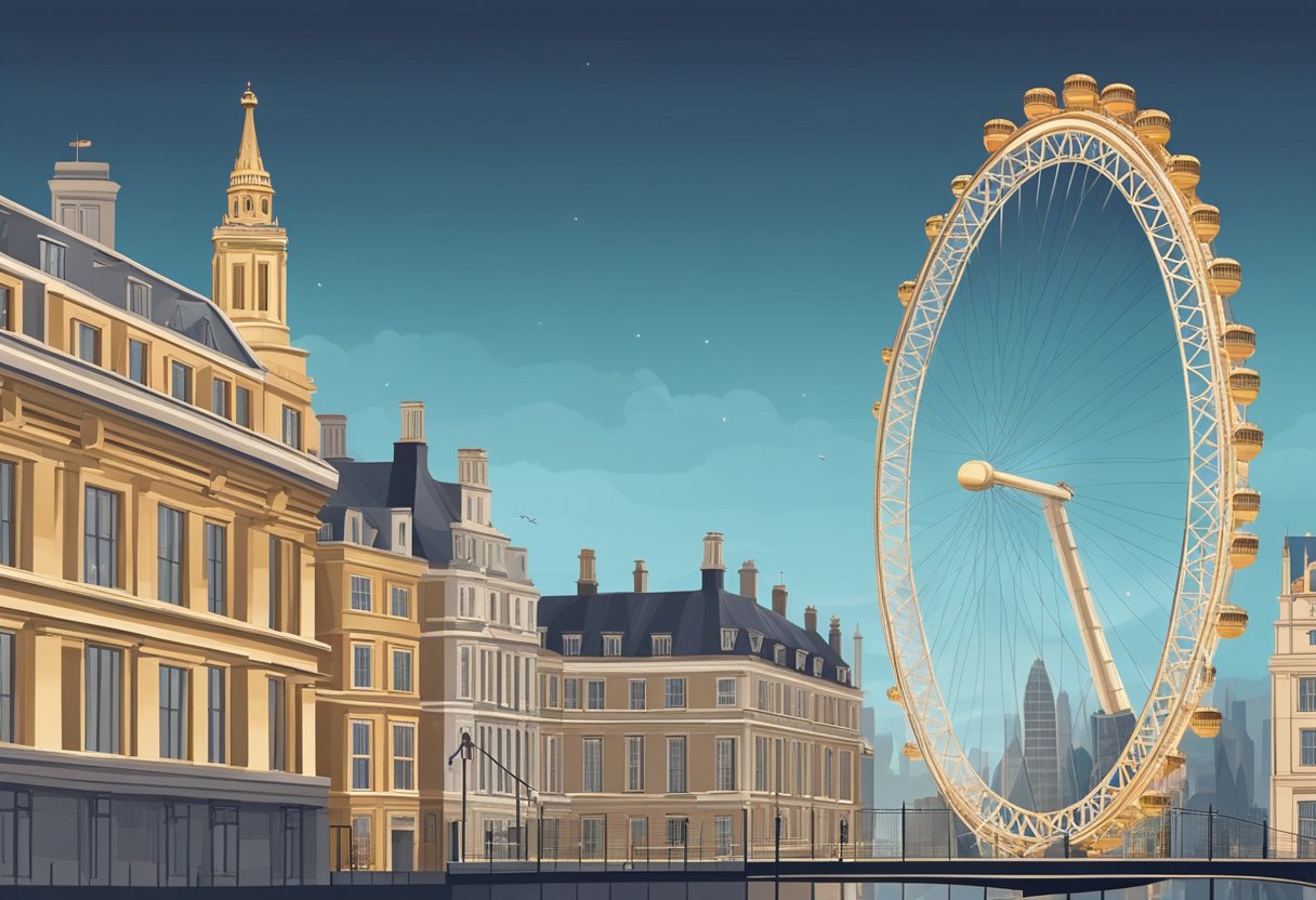 The London Eye rises above the city skyline, its giant wheel turning against a backdrop of historic architecture and modern buildings