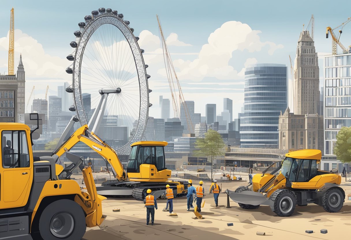 The London Eye rises against the city skyline, surrounded by construction equipment and workers. The iconic landmark takes shape amidst a bustling cityscape